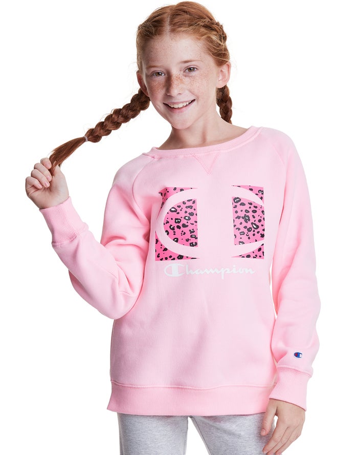 Champion Fleece Raglan Crew Leopard Knockout Logo Kiz Çocuk Kapşonlu Sweatshirt Pembe ( XLUDEB042 )